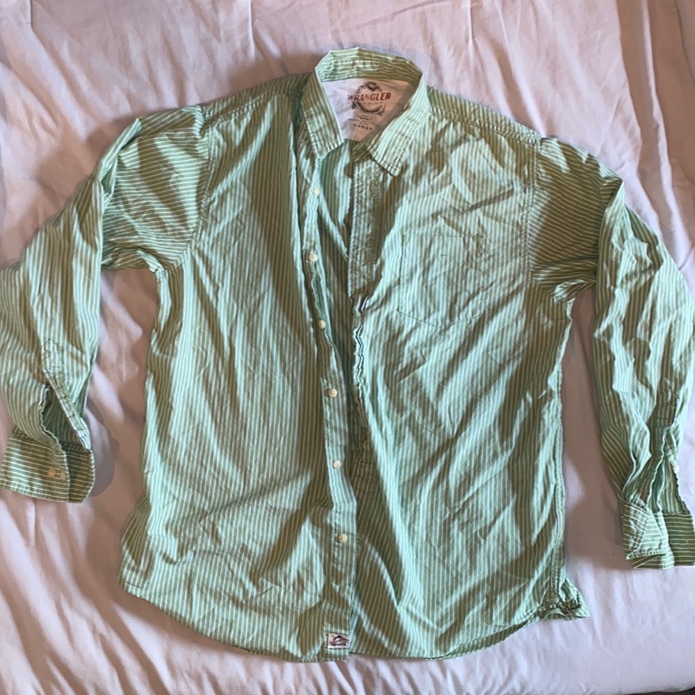 Wrangler Green Striped Long Sleeve Button Down Shirt